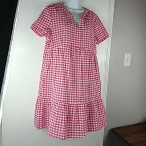Como Dress Womens Large Gingham Check Short Sleeve Midi Tiered Vintage‎ Style